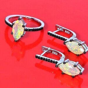 925 Sterling Silver Set: Earrings & Ring Sz 7.5 with Natural Ethiopia Fire Opal.
